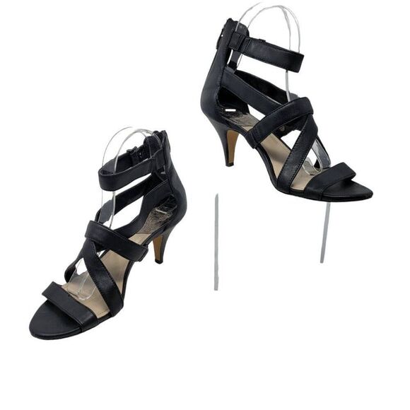 Vince Camuto Macobi Strappy Black Leather Kitten Heels Size 8 Ankle Strap Baddie - Picture 1 of 13